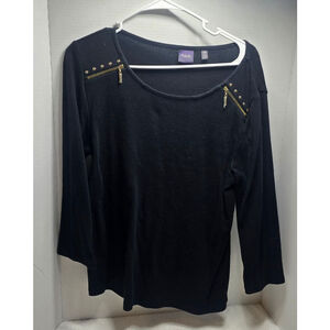 Women's Rafaella Long Sleeve Tee L Black with Gold Zippers